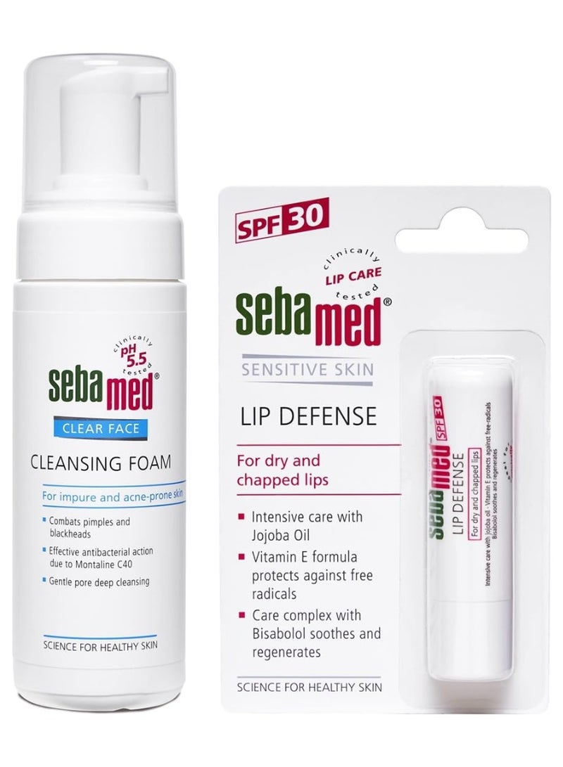 SebaMed SPF 30 Lip Defense Stick, 4.8G And Clear Face Cleansing Foam, 150Ml, Dry Skin - Image 1
